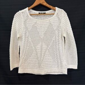 Nic + Zoe ivory open knit round neck sweater petite PP delicate 3/4 sleeve
